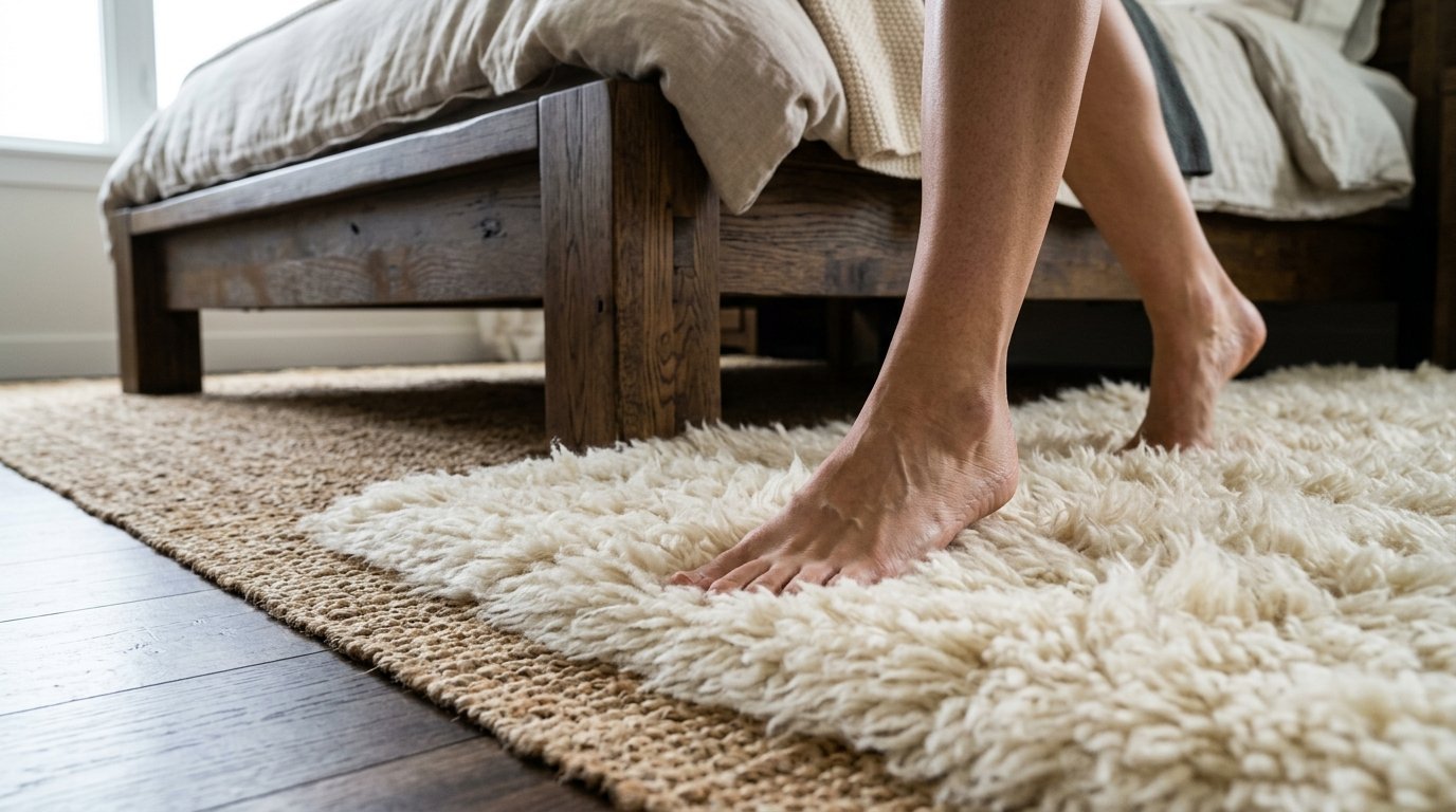 Close up of bare feet stepping onto a plush cream colored wool rug in a modern bedroom.