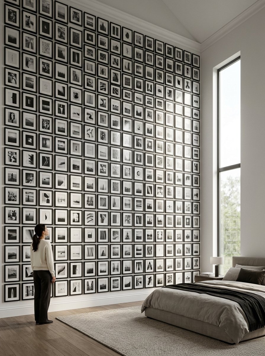 Woman in neutral clothing looks up at a massive, floor-to-ceiling grid of framed black and white photographs.