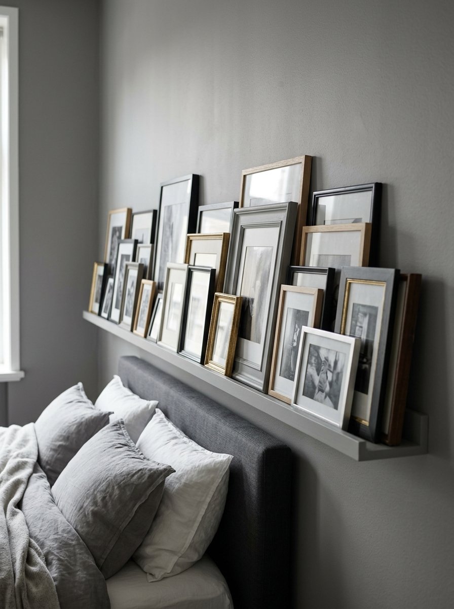 Layered picture frames displayed on a grey shelf above a dark upholstered headboard with linen pillows.