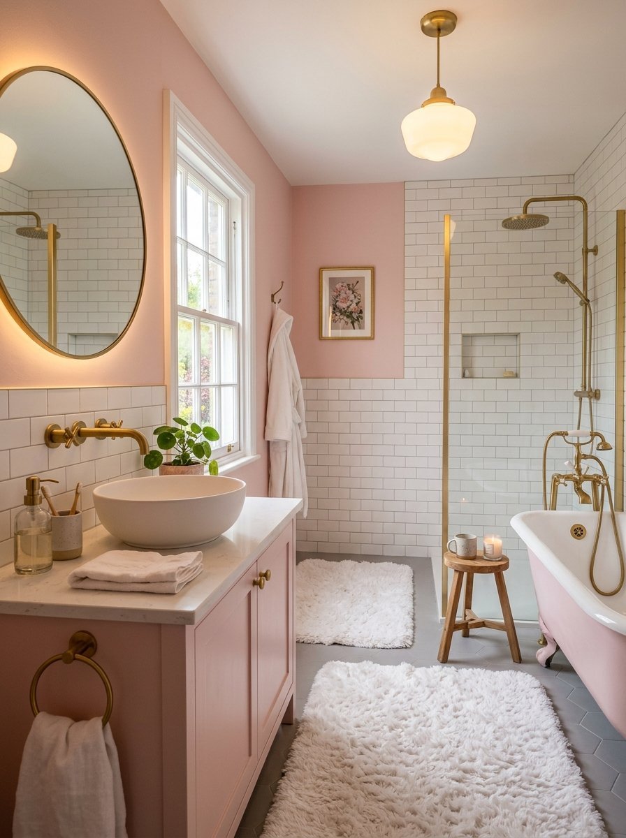 A bathroom with soft pink walls, a pedestal sink, and a pink bathtub paired with brushed gold fixtures.