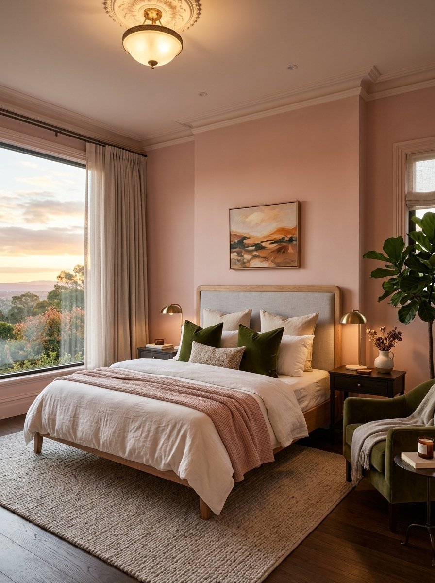 A bedroom with dusty pink walls, a wooden bed, olive green pillows, and a large window looking out at a scenic sunset.
