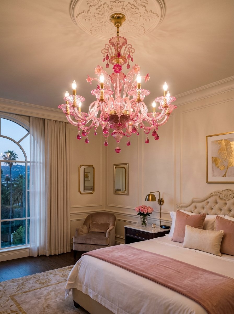 An elegant pink crystal chandelier hangs in a bedroom with a plush bed, armchair, and large arched window.