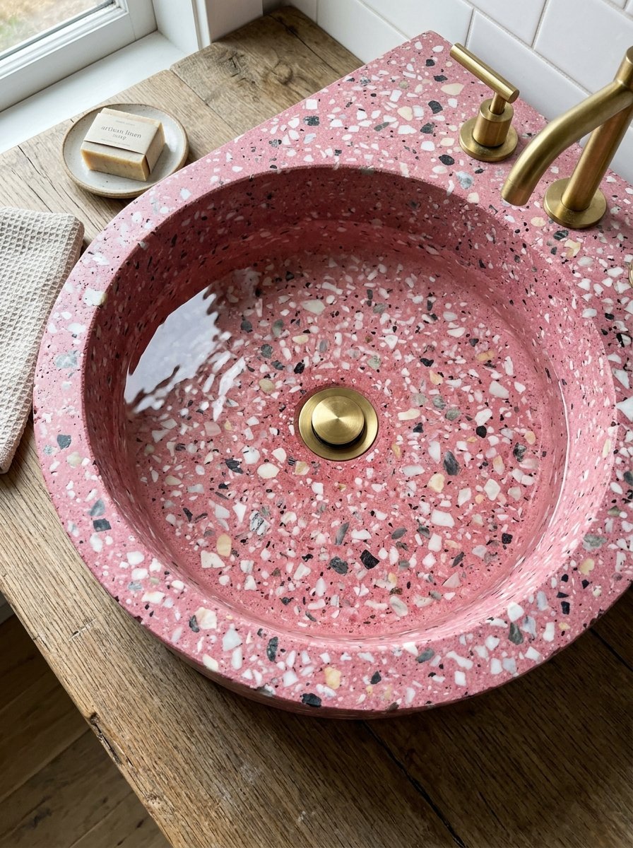 Round terrazzo basin in shades of pink with inlaid stone chips and a brushed gold fixture.