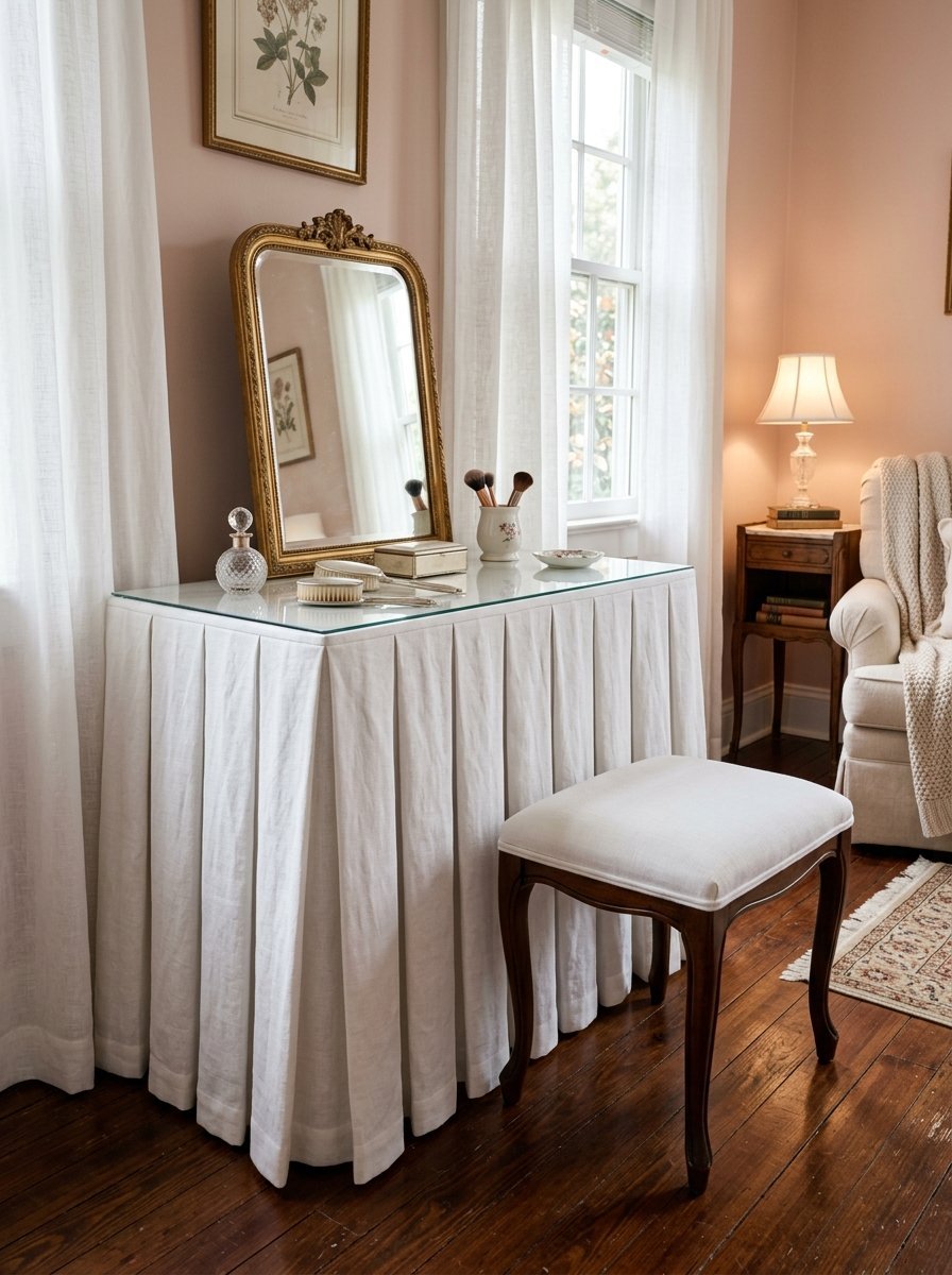 A bedroom vanity desk draped in a white pleated fabric skirt with an ornate gold mirror and makeup brushes.