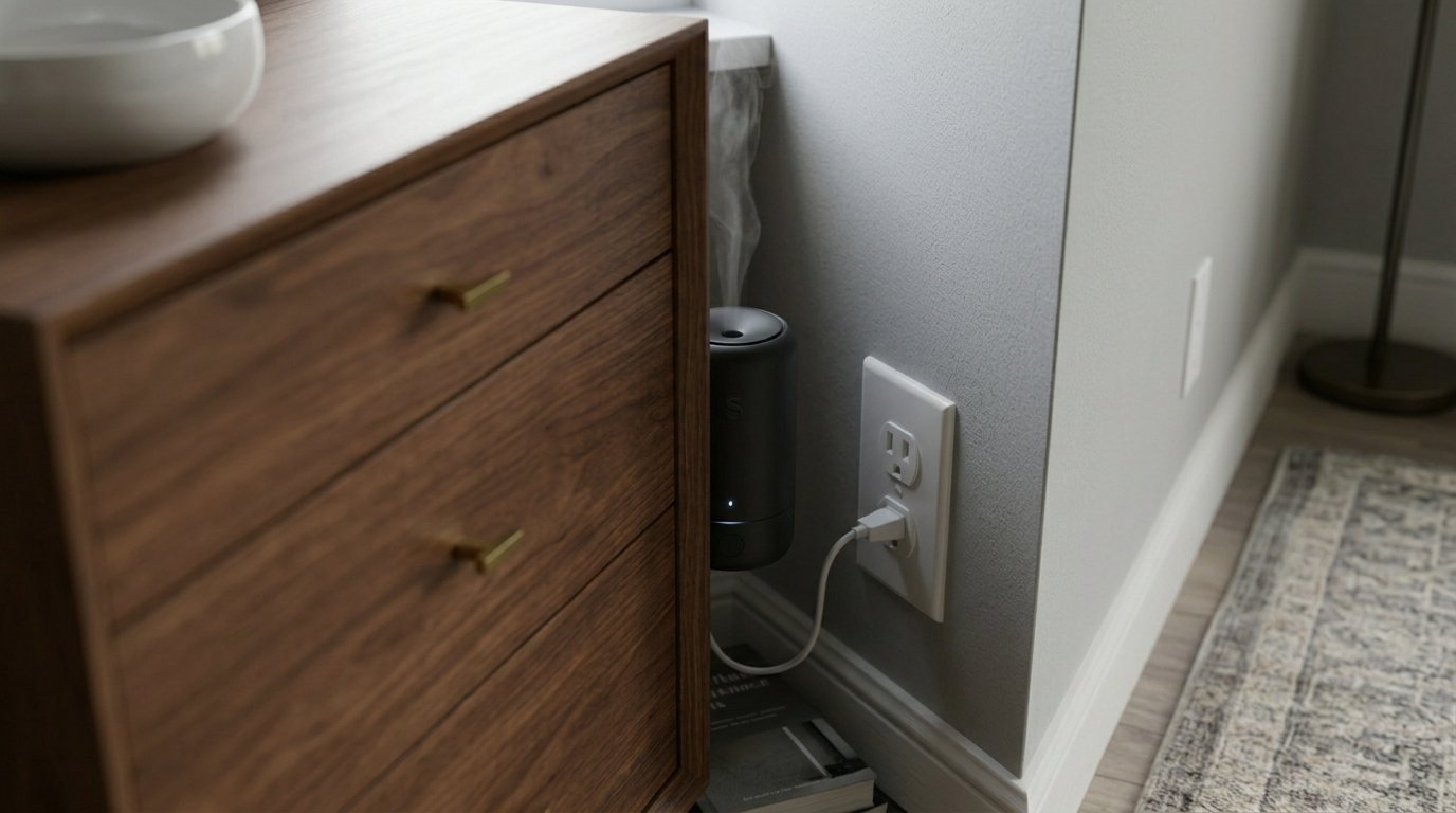 Compact black scent diffuser emitting vapor while plugged into an electrical socket near a wooden nightstand.