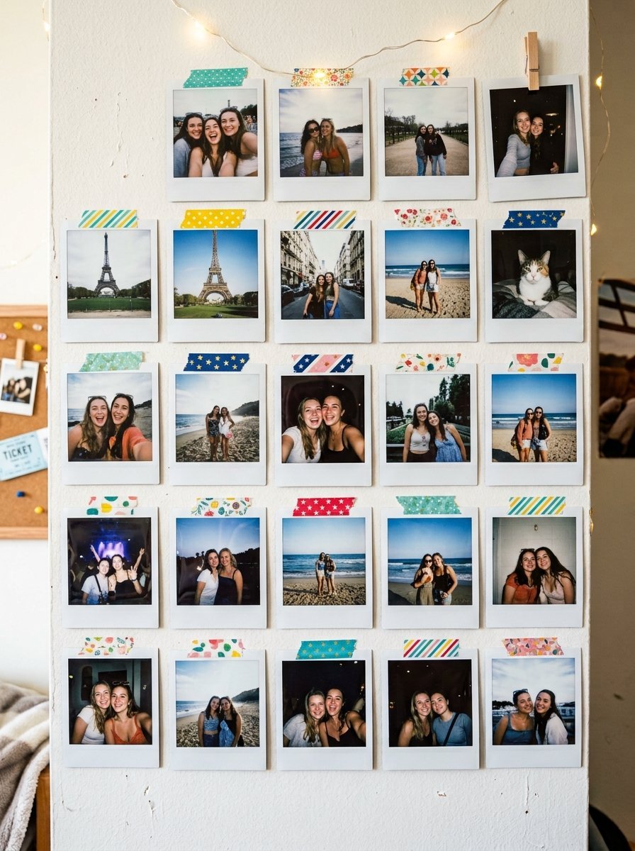 Grid of square instant photos taped to a wall with patterned washi tape and string lights.