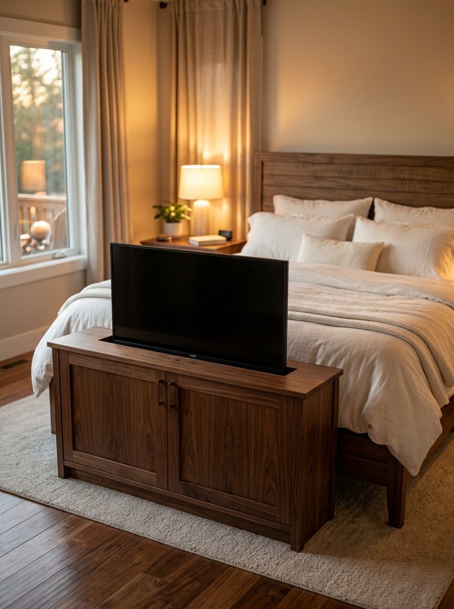 Flat screen TV emerging from a dark wood storage console placed at the base of a cozy, neatly made bed.
