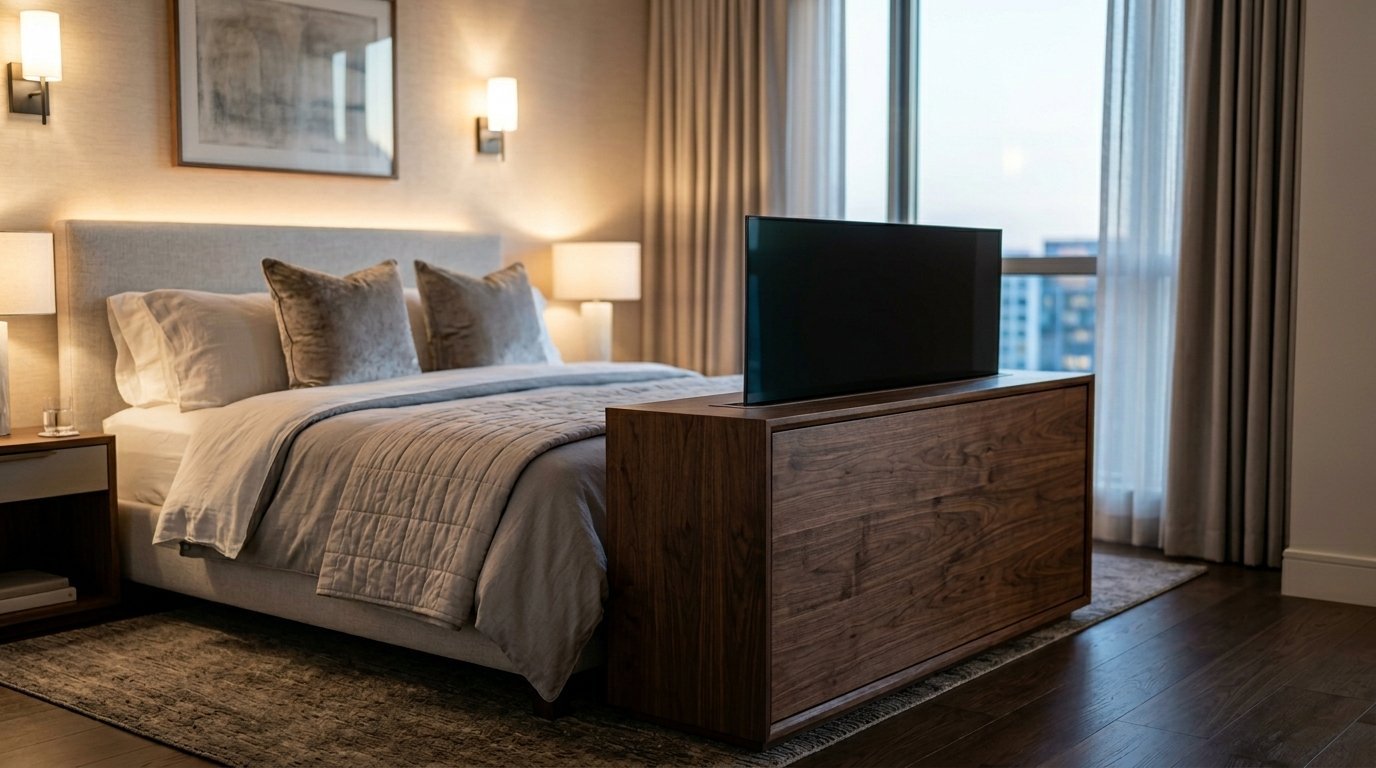 A wooden cabinet with a raised television screen positioned at the foot of a plush made bed.