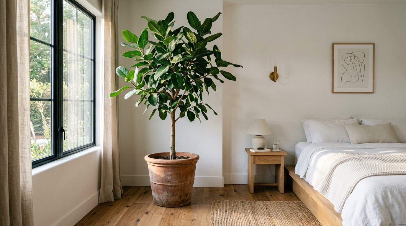 A tall green indoor tree in a clay pot sits next to a wooden nightstand and white bedding.