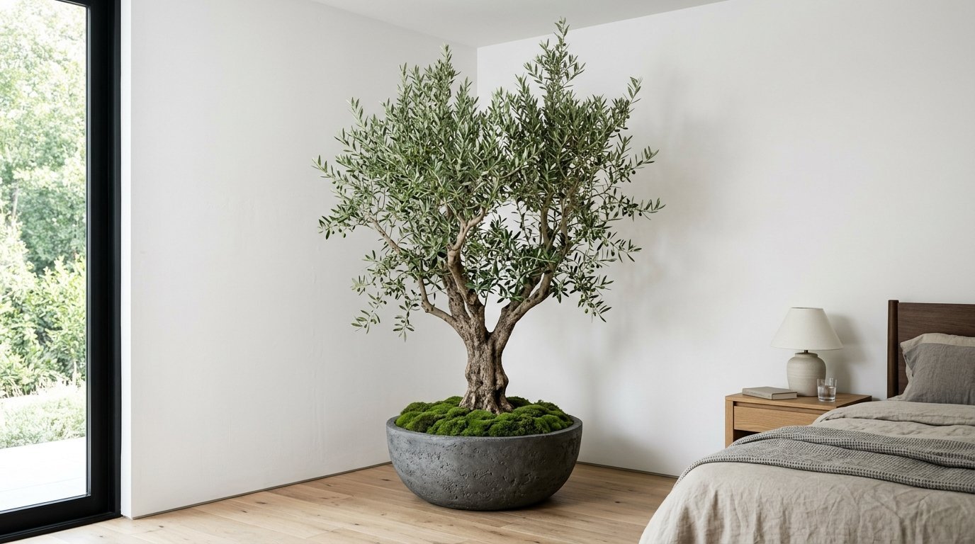 A decorative olive tree in a round textured grey pot filled with moss sitting on a hardwood bedroom floor.