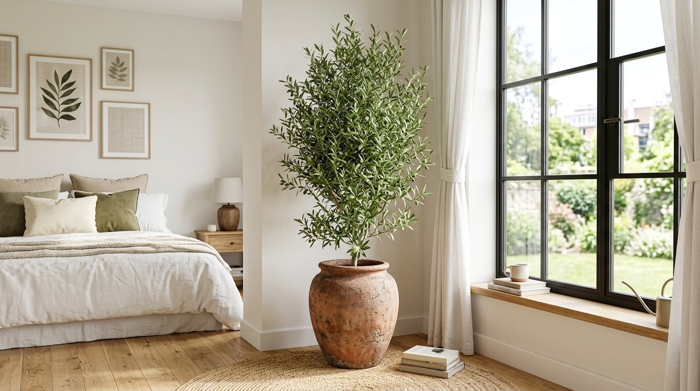 Large olive tree in a rustic terracotta pot placed next to a bright window in a cozy bedroom.