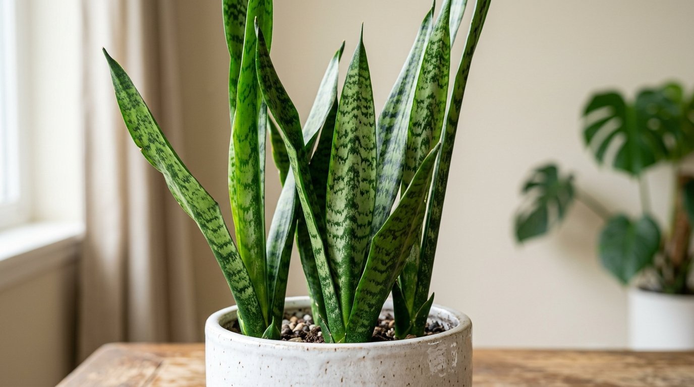 Close-up of a snake plant with textured green leaves in a white planter on a wooden table.