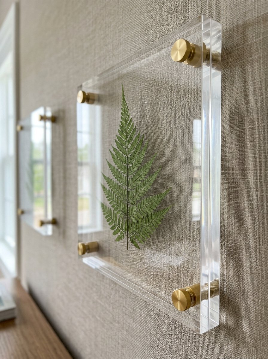 A dried fern leaf encased in a clear acrylic frame mounted with gold hardware on a textured beige wall.