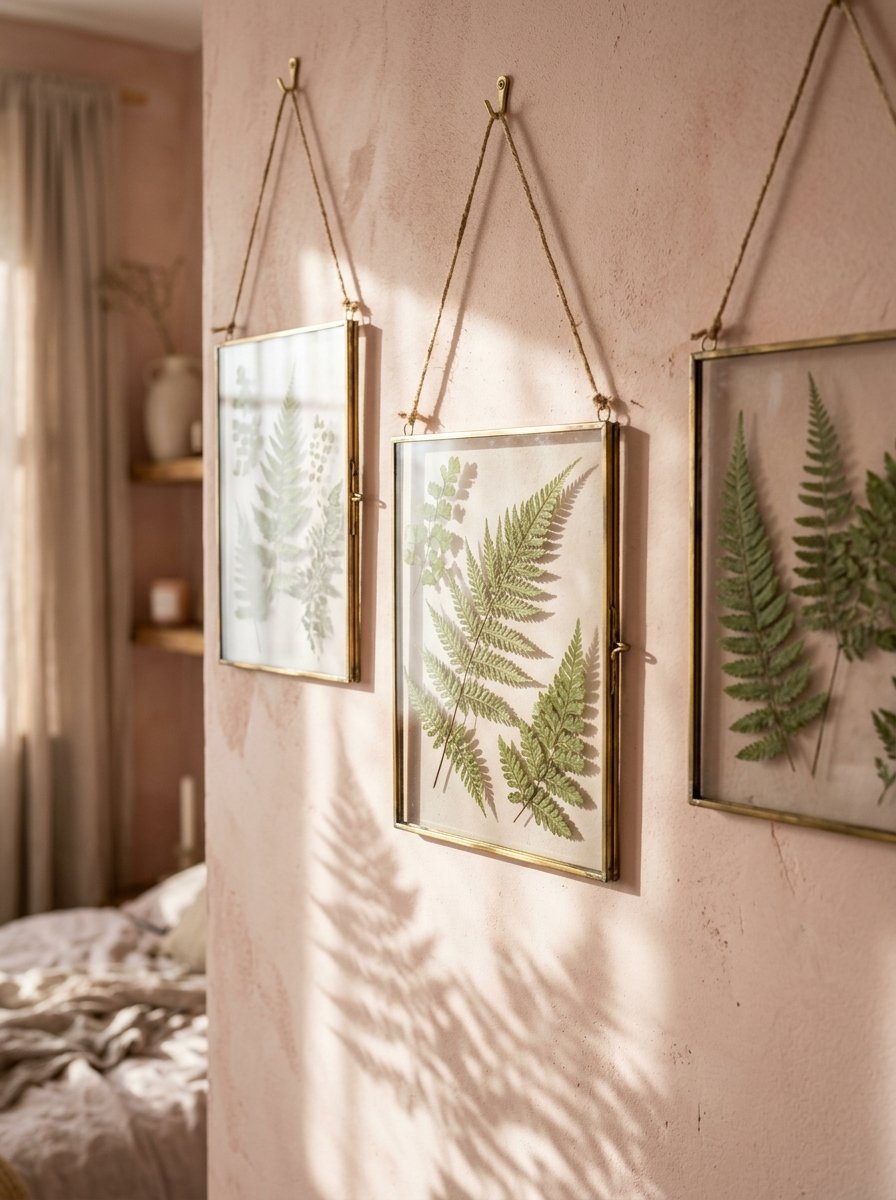 Decorative glass and metal frames holding pressed green fern fronds hanging on a textured blush pink interior wall.