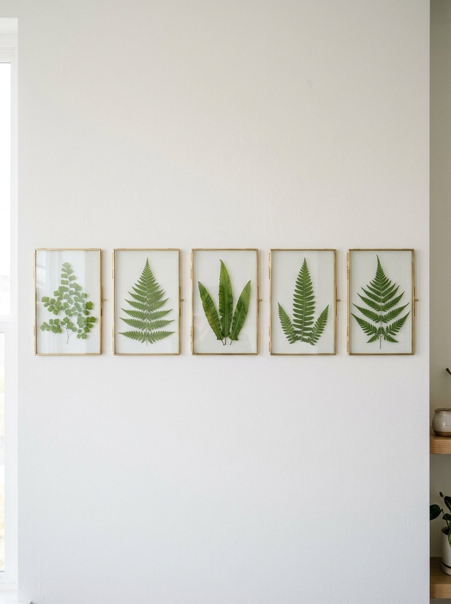 A gallery wall arrangement of five thin gold metal frames containing dried green ferns on a plain white wall.