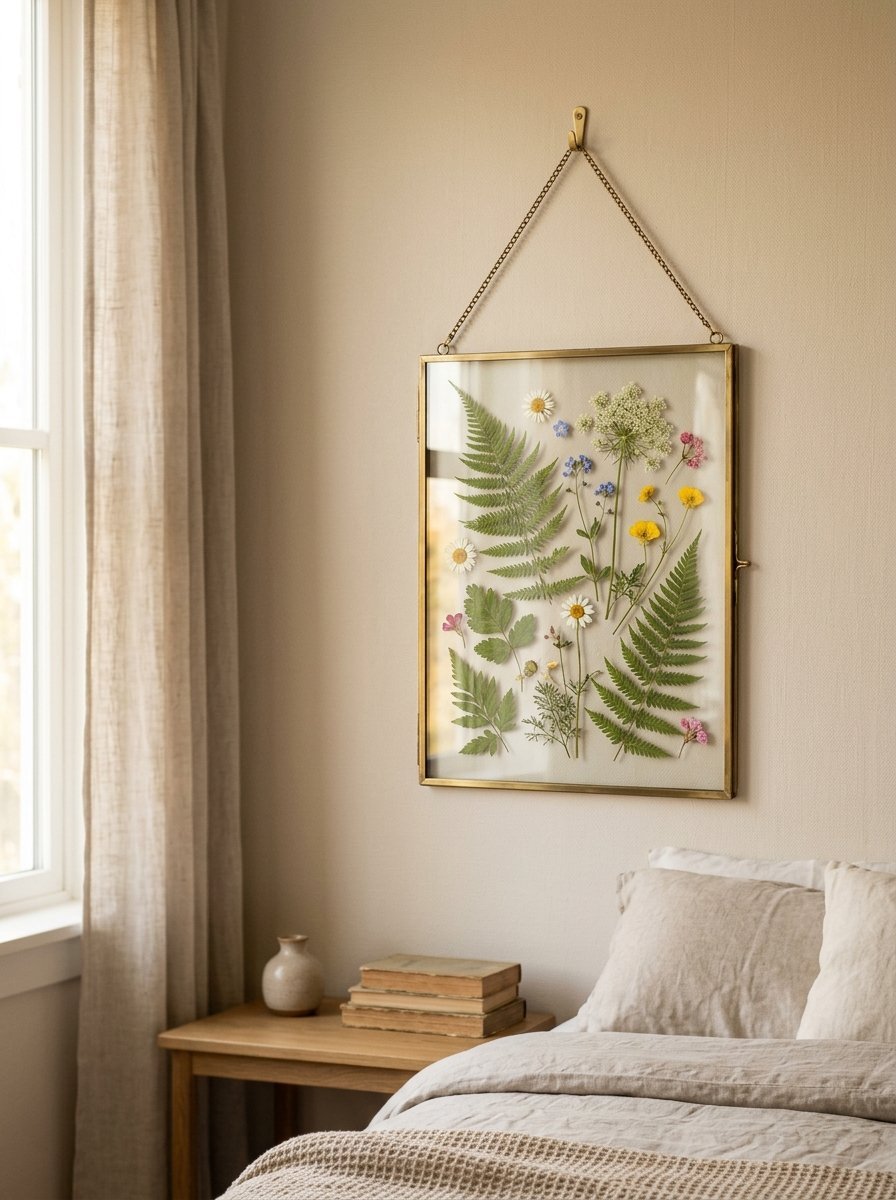 Decorative glass frame filled with dried ferns and colorful flowers suspended on a light beige bedroom wall.