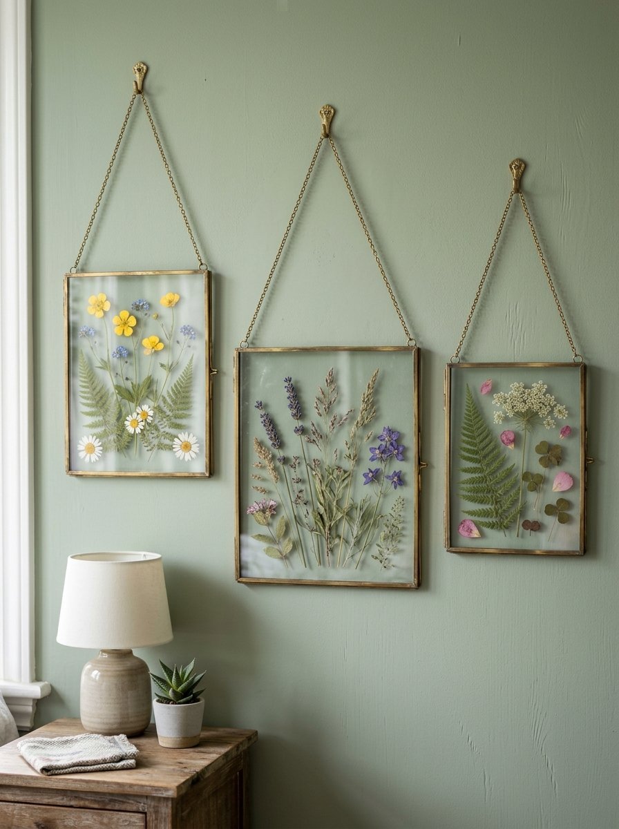 Decorative brass frames with pressed wildflowers displayed above a wooden side table with a lamp and succulent.