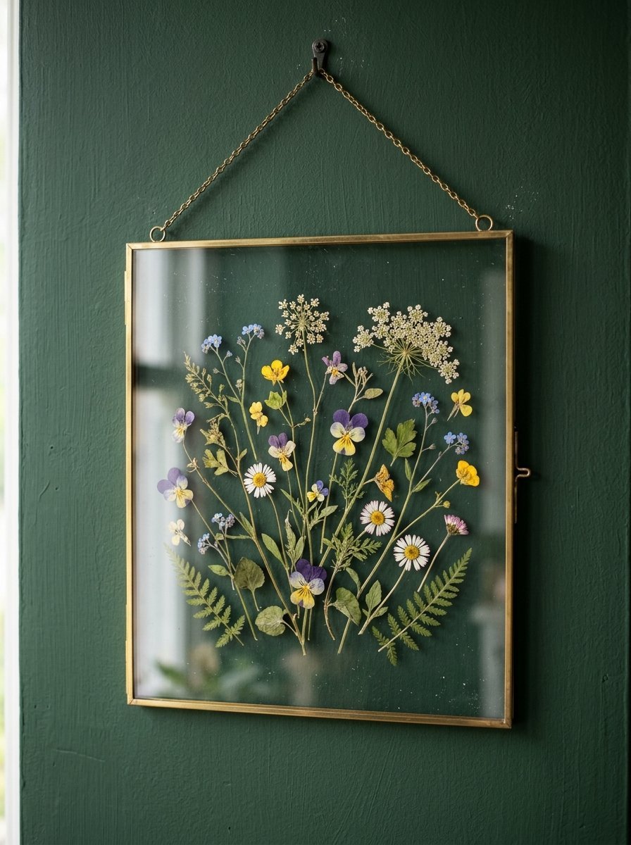 Pressed colorful meadow flowers and fern leaves displayed inside a rectangular glass and brass hanging frame.
