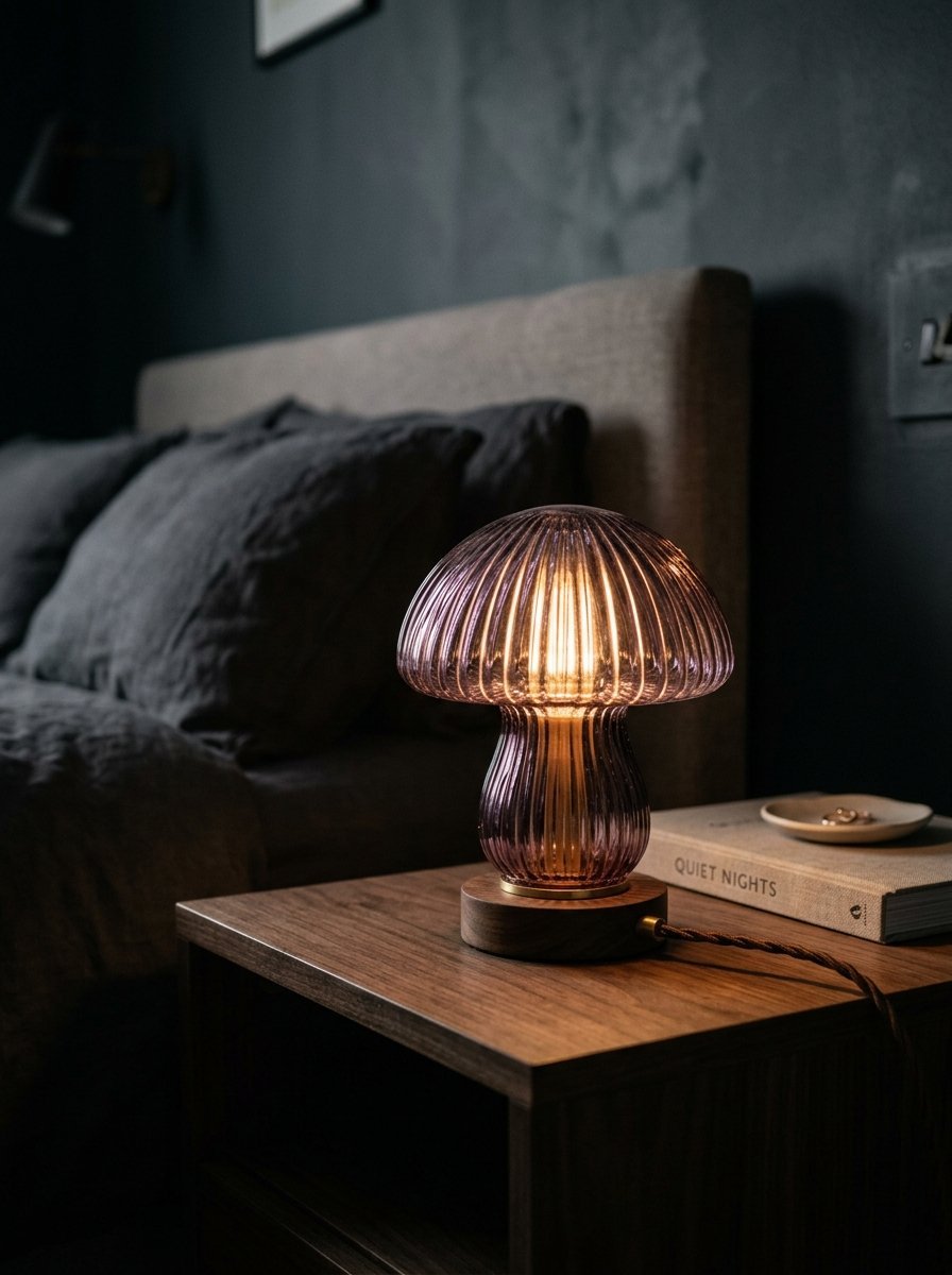 Decorative mushroom shaped lamp with violet ridged glass sits on a modern wooden bedside table.