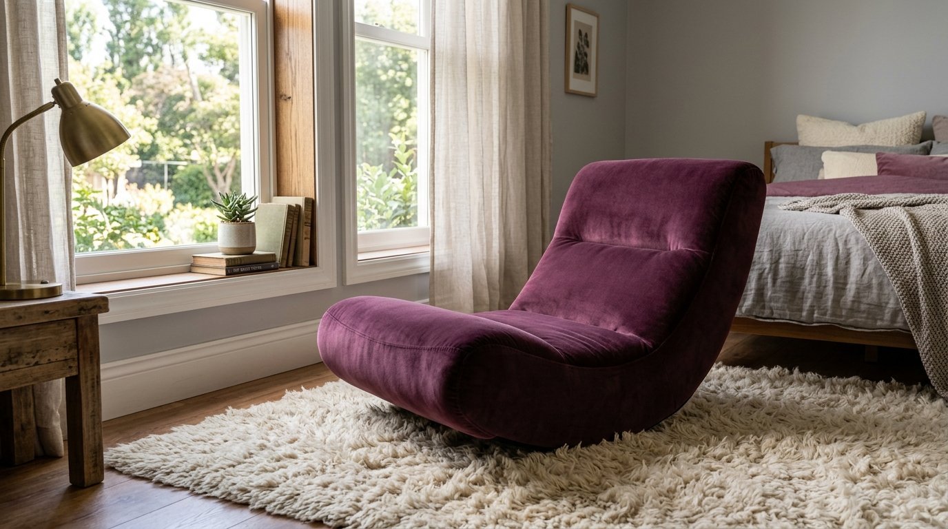 A low-profile curved purple velvet lounge chair sits on a shaggy white rug next to a sunlit bedroom window.