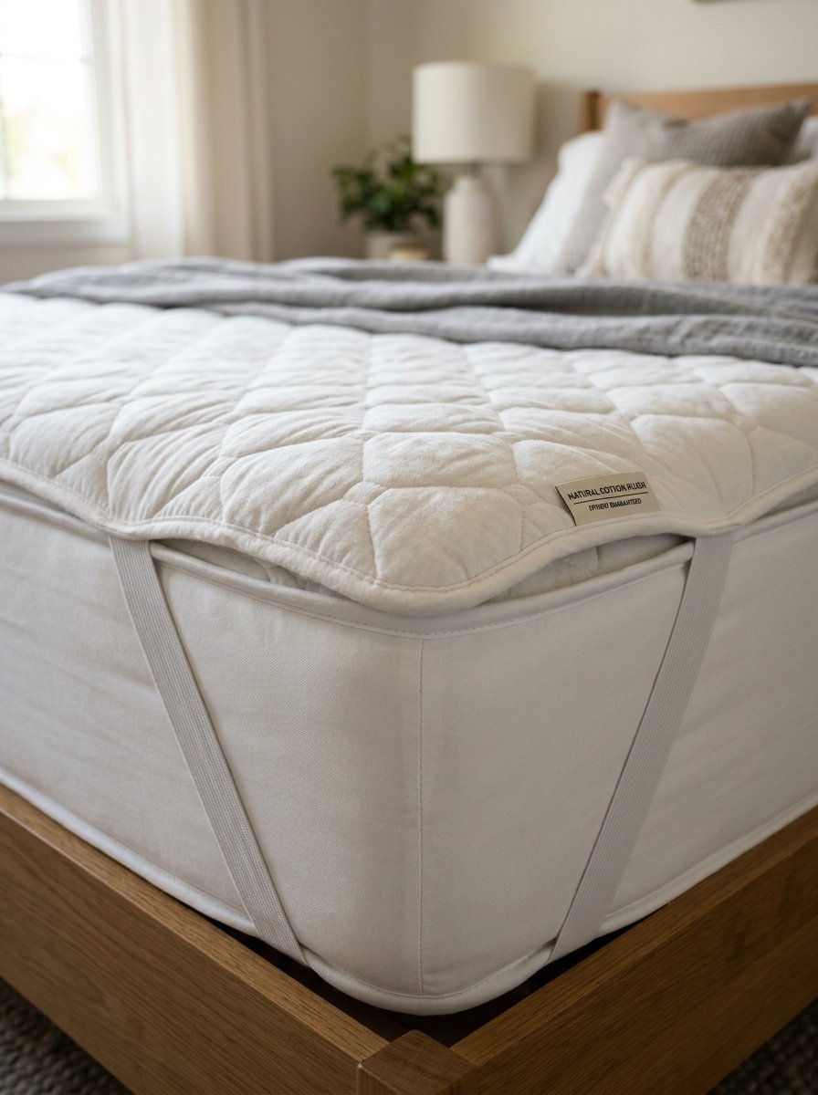 Close up of a thick white quilted mattress protector with elastic straps secured on a bed.