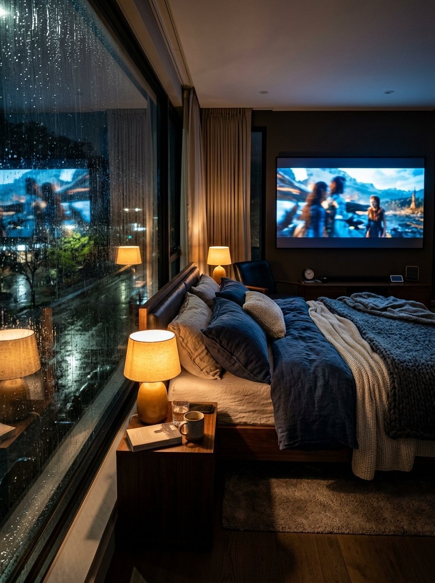 A dimly lit bedroom with a movie playing on the wall beside a floor-to-ceiling window covered in raindrops at night.
