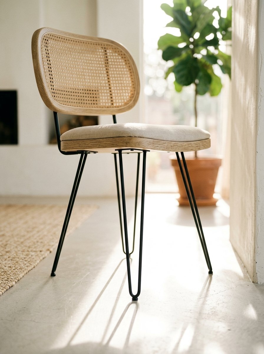 Modern wooden dining chair with a cane backrest and black metal hairpin legs in a sunlit room.