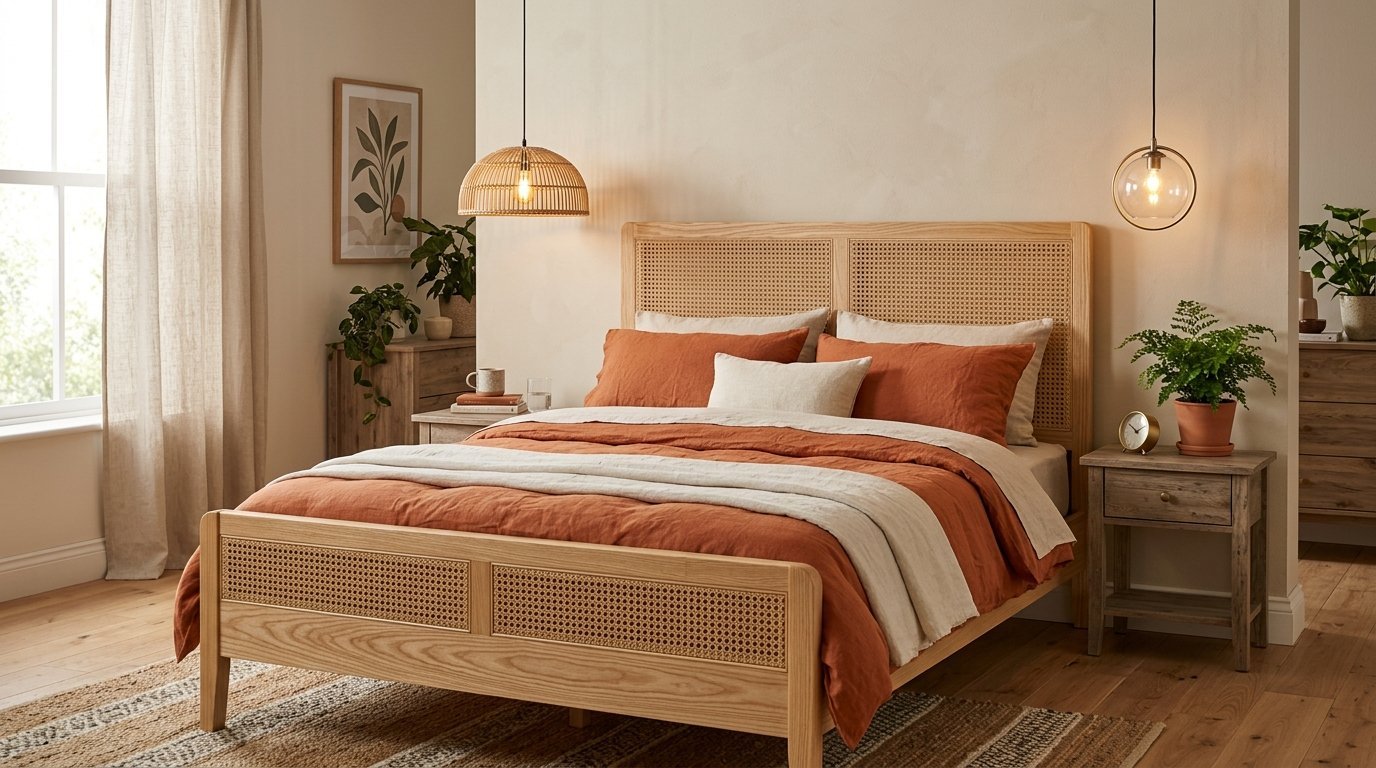 Modern bedroom with a cane headboard bed, warm orange bedding, and hanging pendant lights.