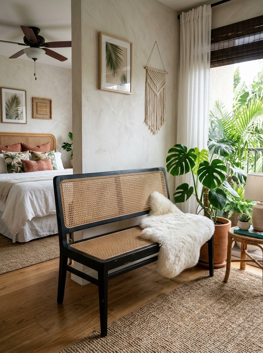 A black wooden bench with a woven rattan seat and backrest sits on a jute rug next to a large monstera plant.