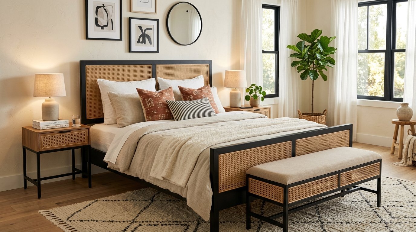 Modern bedroom with a black frame bed with rattan accents, layered neutral bedding, and a matching bench seat.