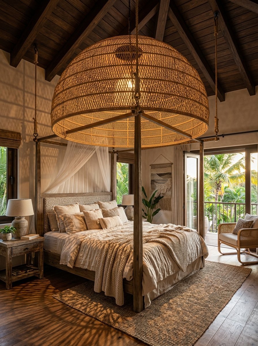 Four-poster bed with a massive circular wicker pendant light hanging above in a sunlit wooden room.