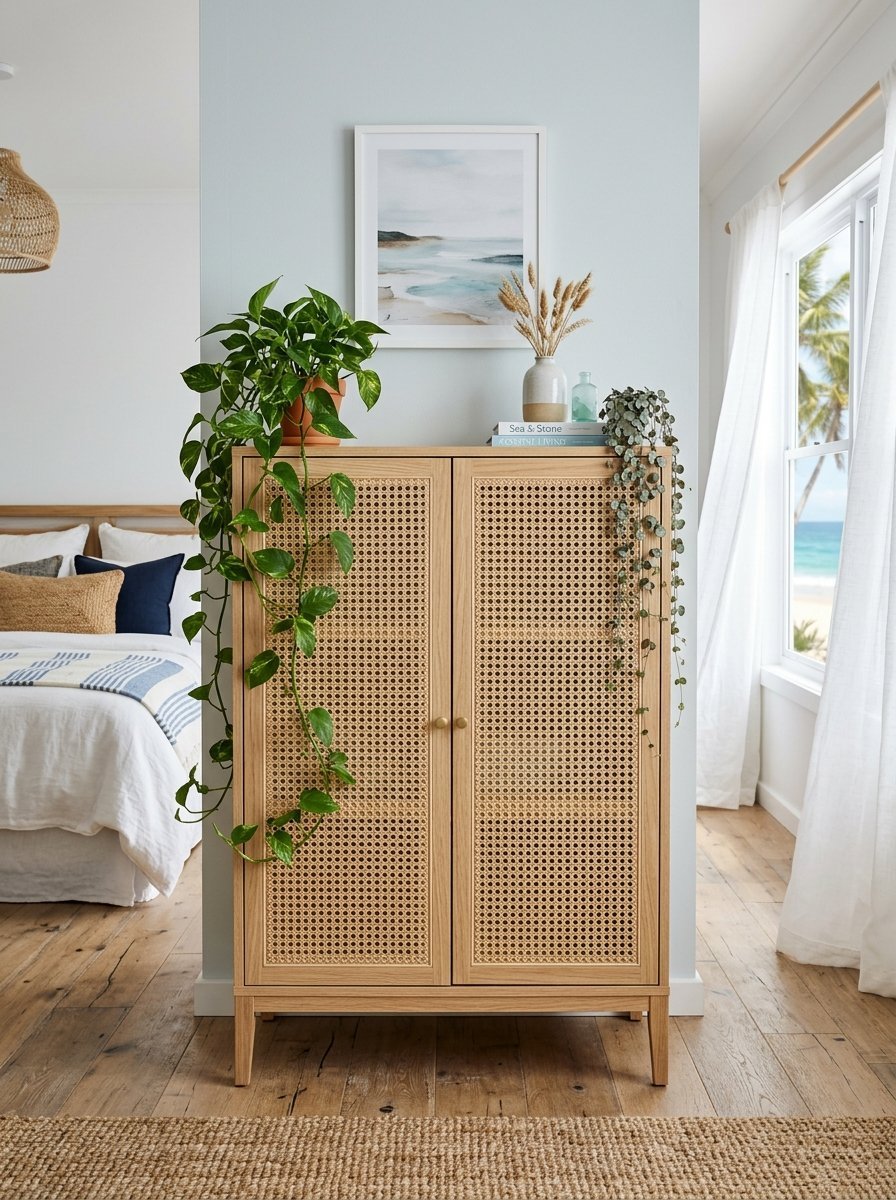 A light wood storage cabinet with woven rattan doors sits between a bed and a bright window with coastal decor.