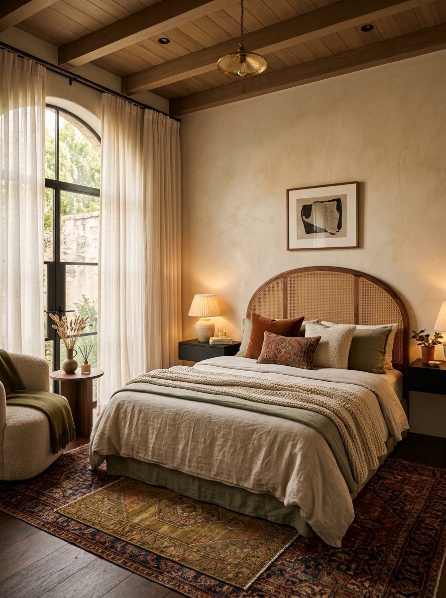 Bedroom with arched window, rattan headboard, linen bedding, and a vintage rug on dark wood floors.