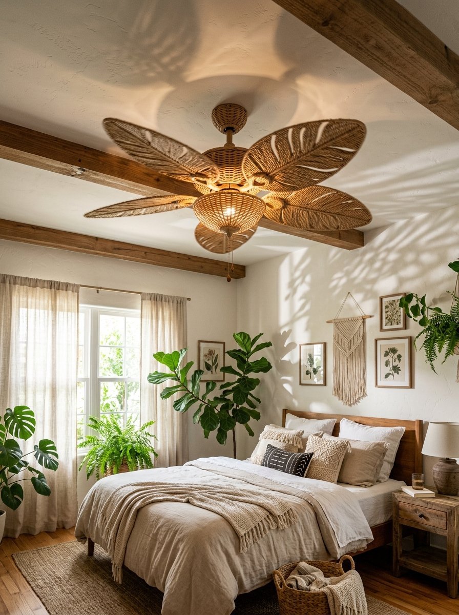 A rustic bedroom with wooden beams and a ceiling fan with blades shaped like natural rattan palm leaves.