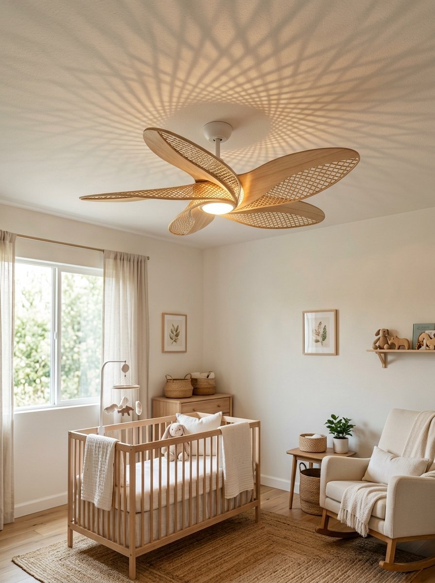 A wooden ceiling fan with woven rattan blades casting intricate shadows on the ceiling of a neutral nursery.