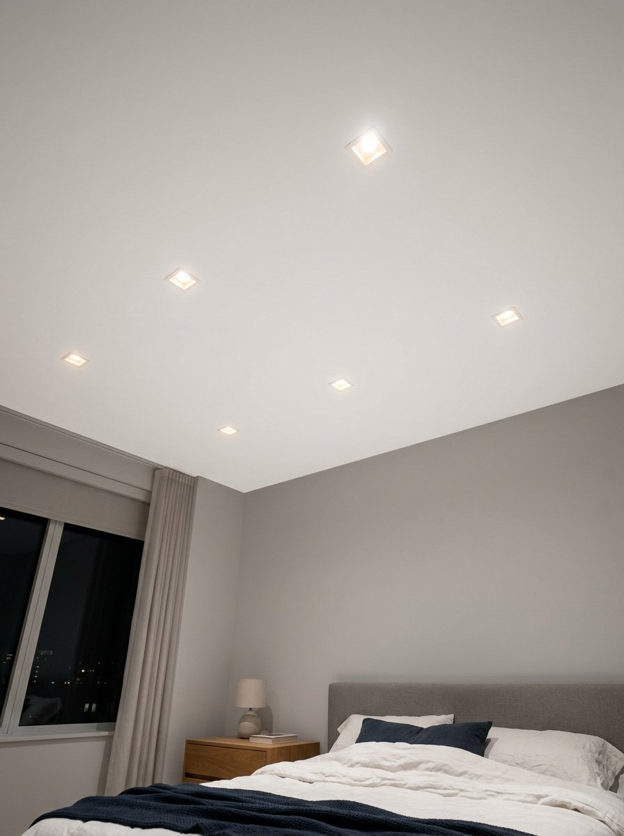 Five glowing square LED lights installed flush into a white bedroom ceiling above a bed.