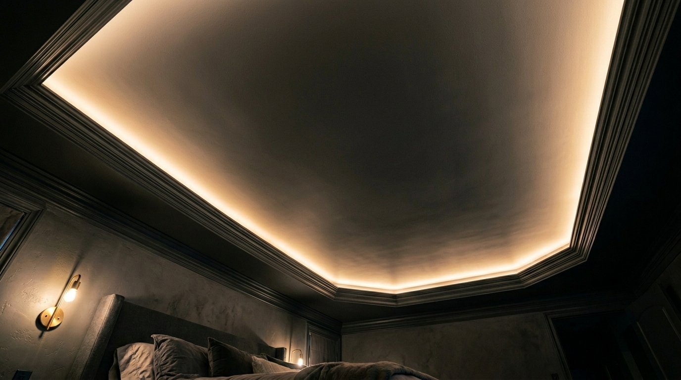 A dimly lit bedroom with gold wall sconces and a recessed ceiling design illuminated by hidden golden LED strips.