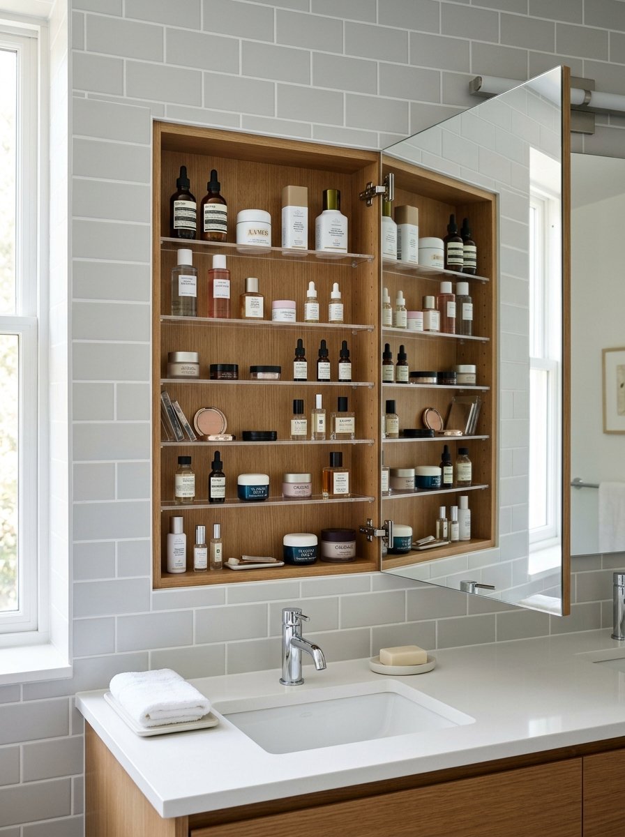 Open recessed wooden medicine cabinet above a bathroom vanity holding neatly arranged skincare serums and creams.