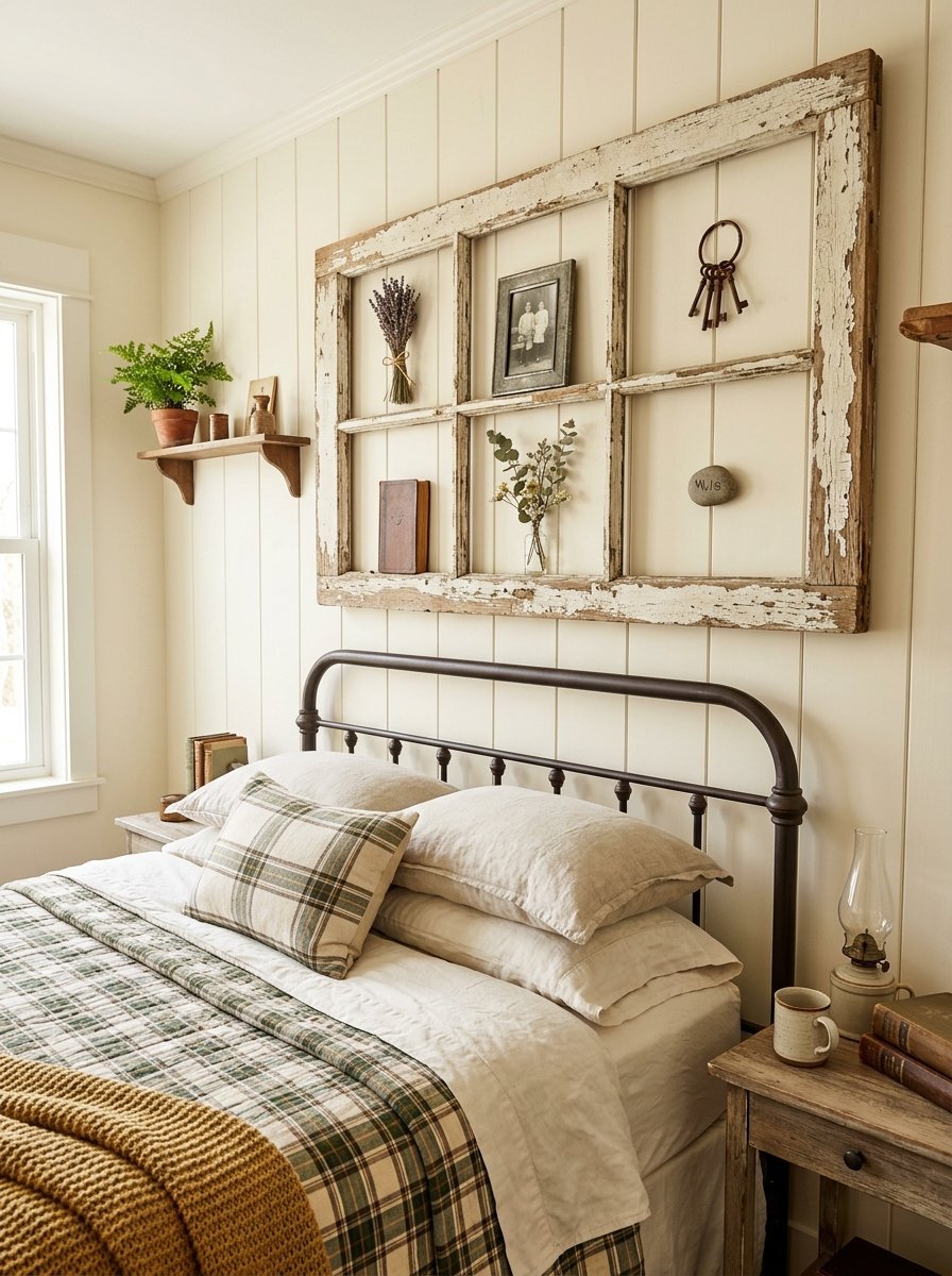 Farmhouse bedroom with a vintage window frame mounted over a metal bed frame, decorated with dried flowers and keys.