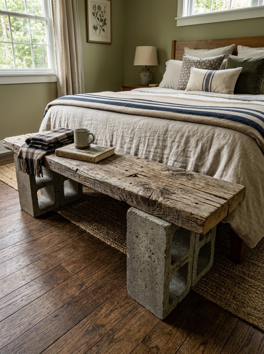 A rustic bench made of a reclaimed wood plank resting on stacked concrete cinder blocks at the foot of a bed.