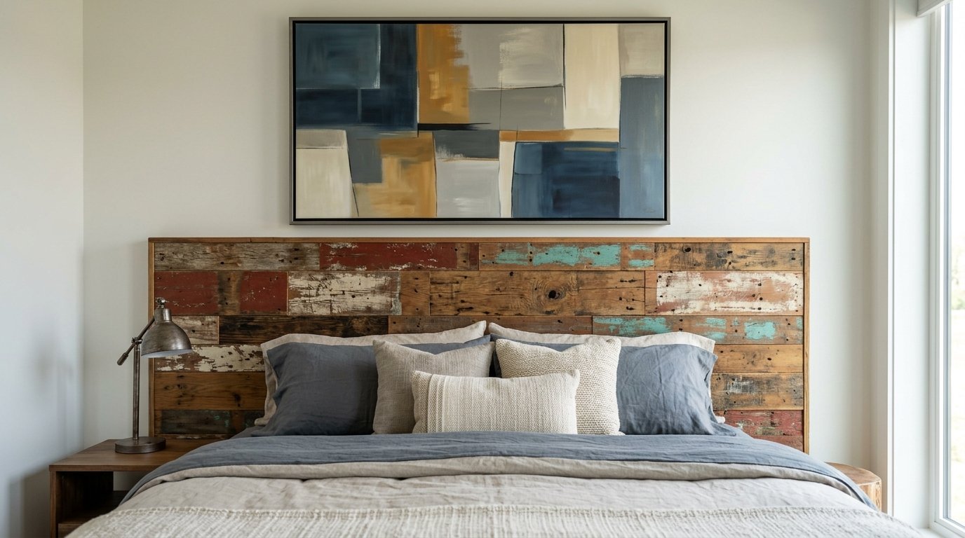 A bed features a weathered, multi-colored reclaimed wood headboard beneath a large abstract painting on a white wall.