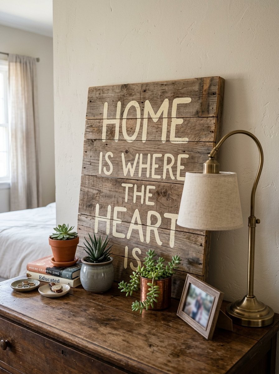 A farmhouse-style wooden sign saying Home Is Where The Heart Is next to a lamp and small plants on a wooden table.