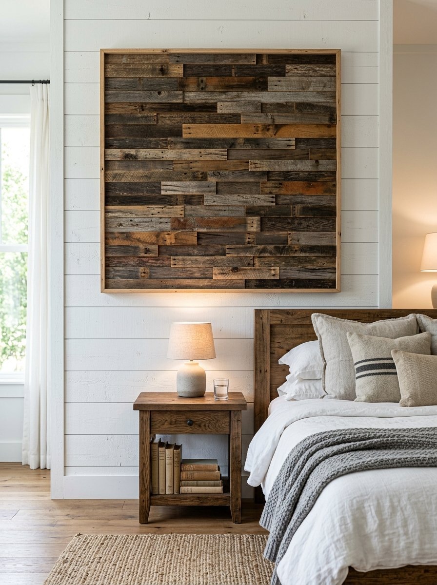 A square geometric wood artwork hangs on a white shiplap wall above a wooden bedside table with books and a table lamp.
