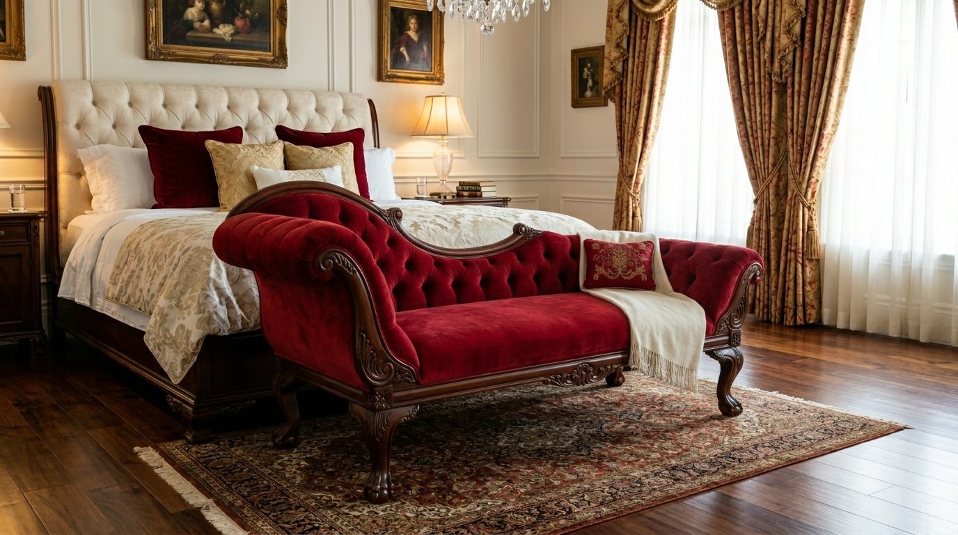 A red tufted velvet chaise longue sits on an ornate area rug in a classic bedroom with a large bed.