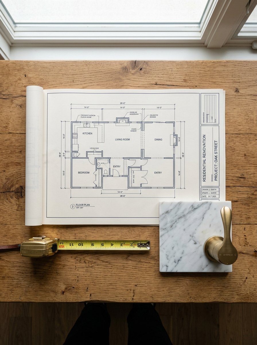 Top-down view of a house blueprint, a measuring tape, and a gold faucet handle on a marble square on a oak surface.
