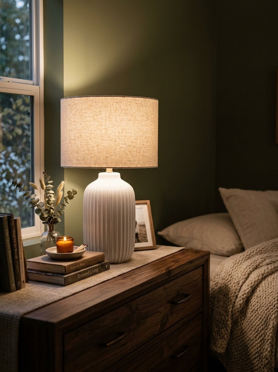 A glowing bedside lamp sits on a wooden dresser next to a small candle and stacked books.