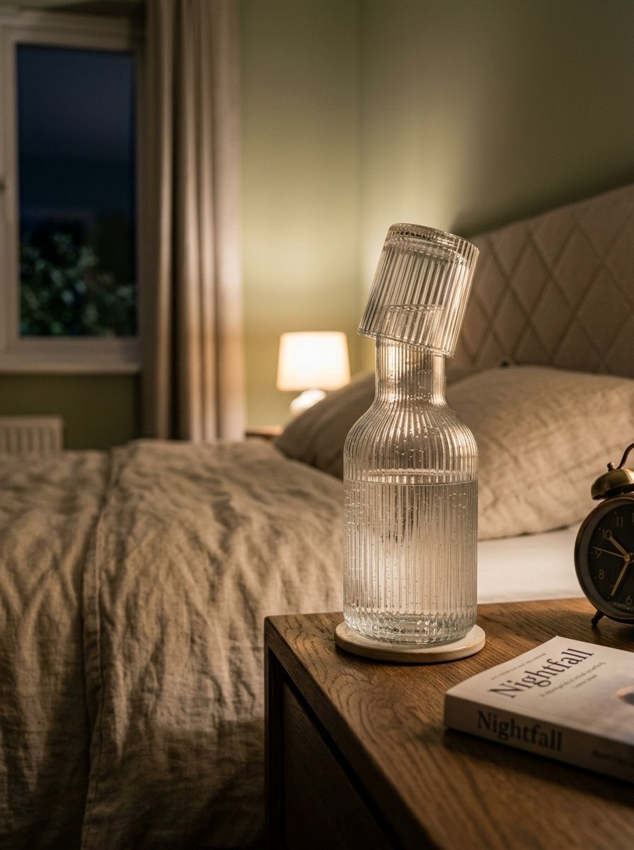 Clear ribbed glass carafe with a drinking glass on top, sitting on a wooden nightstand next to a book and clock.