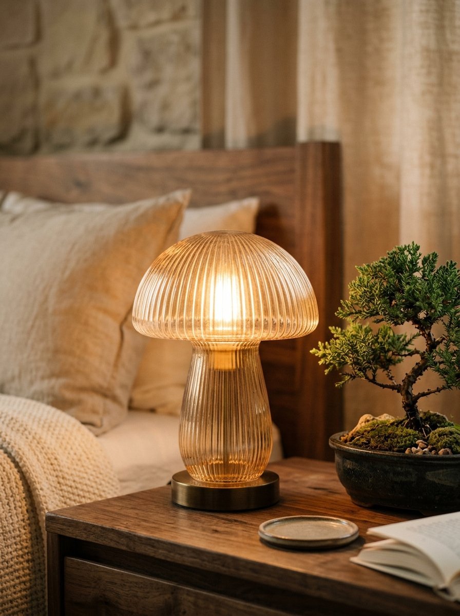 A vintage style ribbed amber glass lamp in a mushroom shape lighting up a cozy wooden bedroom nightstand.