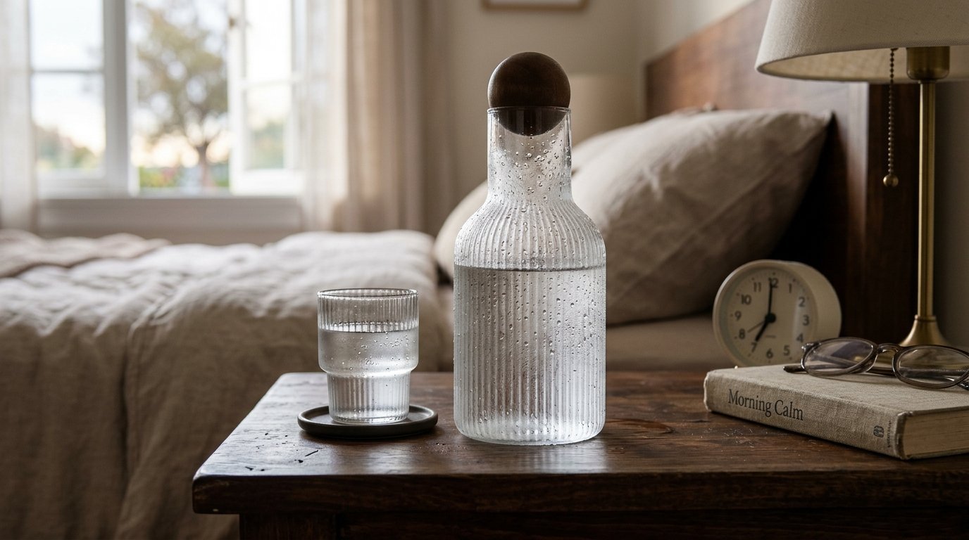 A textured glass water bottle and matching tumbler on a bedside table beside a clock and a book.