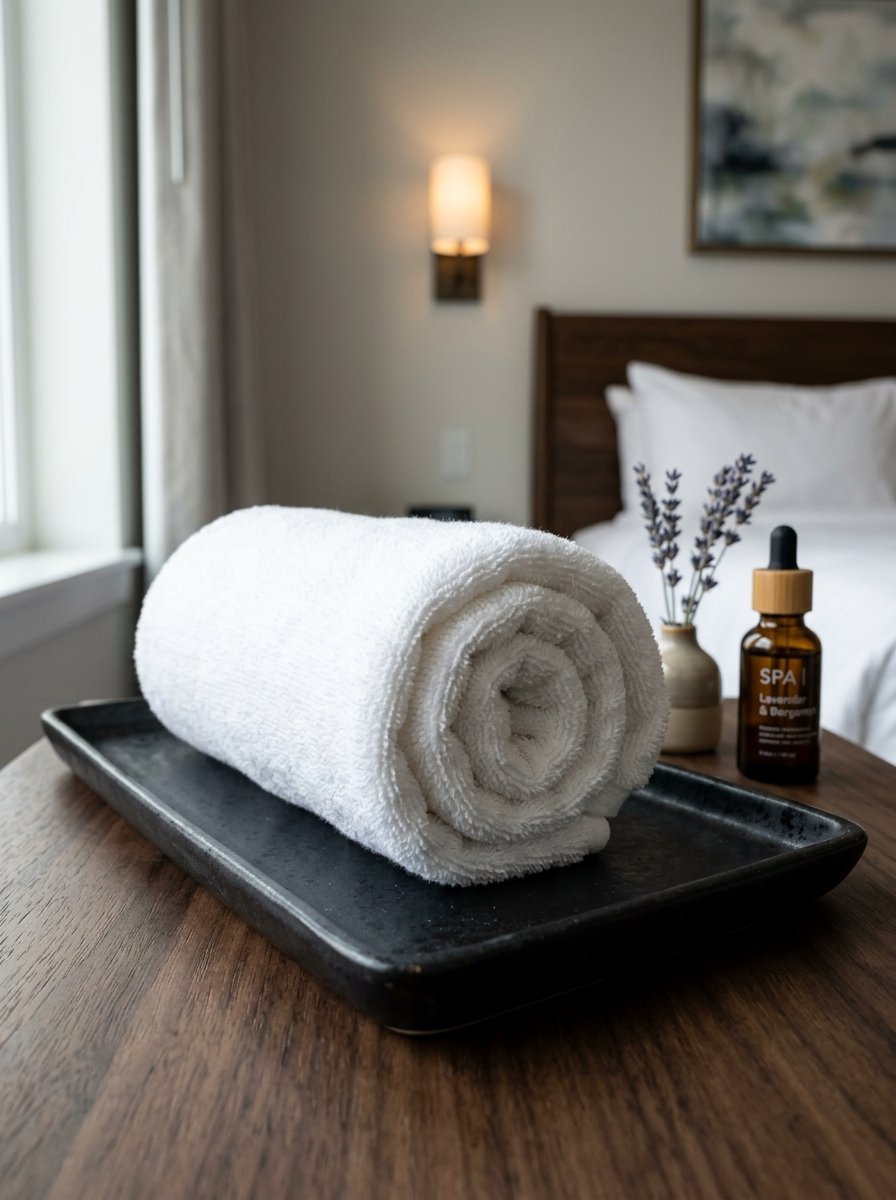 Close-up of a neatly rolled white towel sitting on a dark stone tray next to a bottle of spa oil and lavender stems.